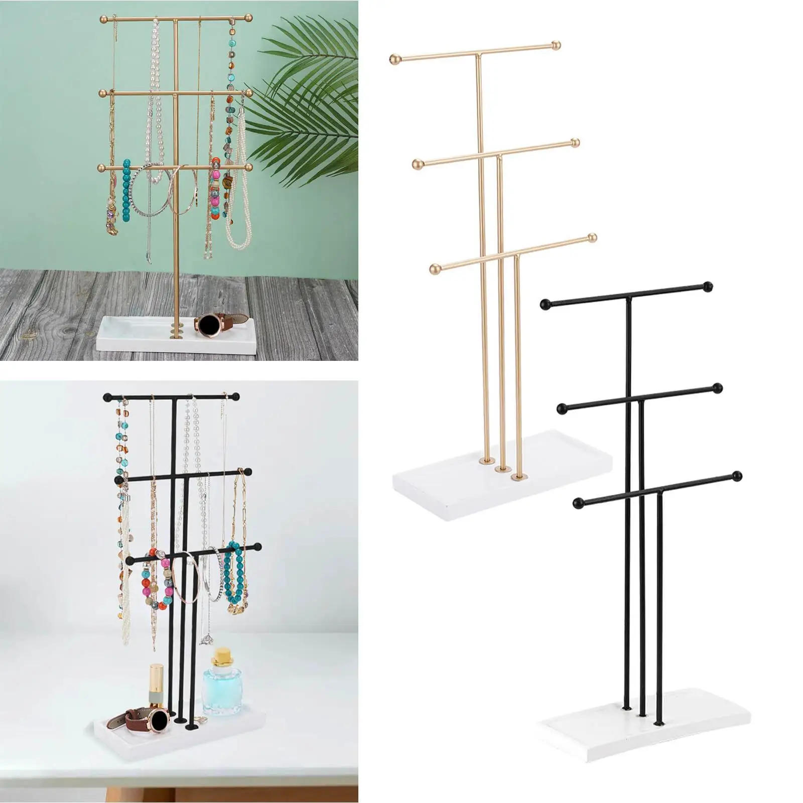 Table Top 3 Tiered Bars Necklace Display Stand, for Displaying, Storing and Organizing Necklace Holder with Resin Base