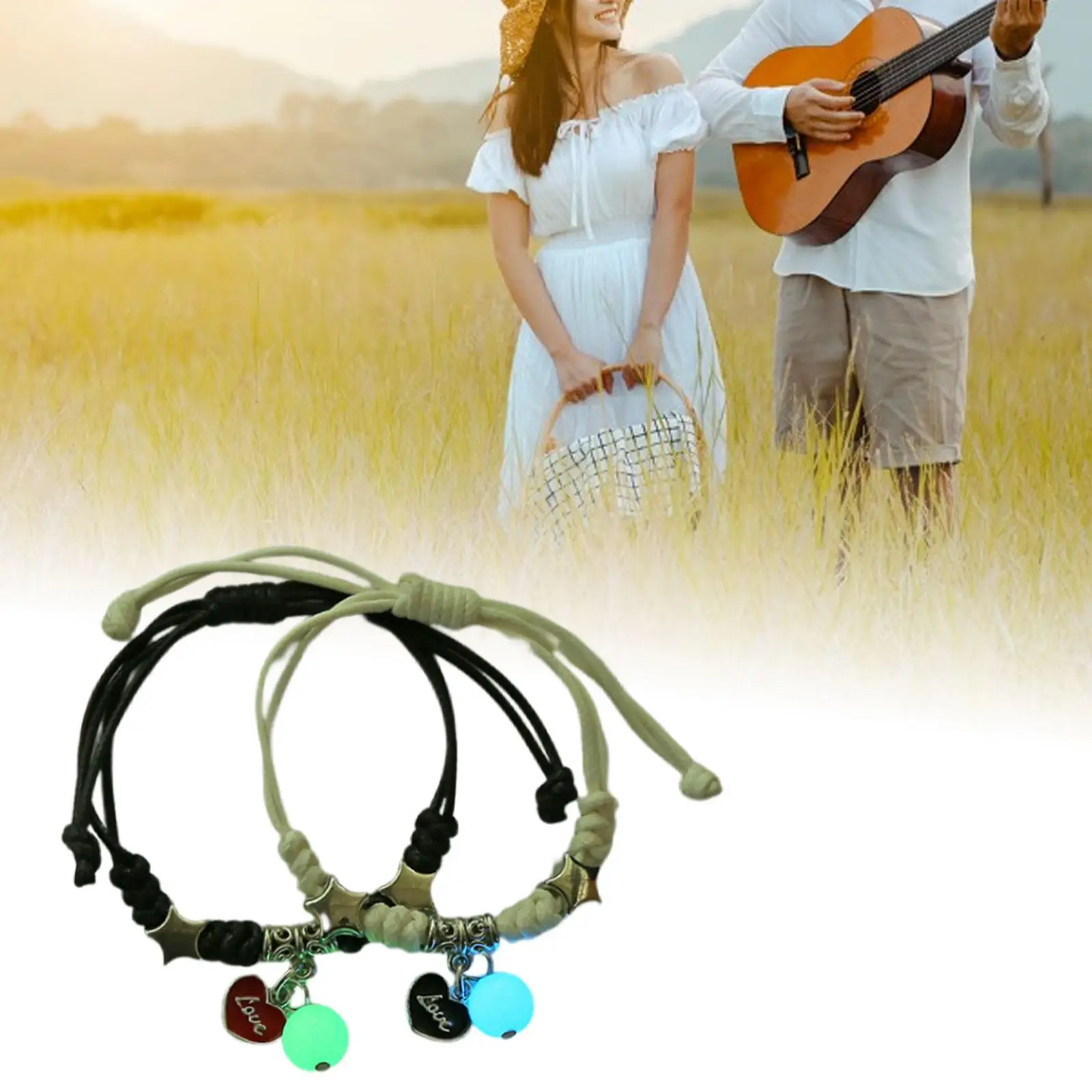 2 Pieces Braided Bracelet Accessoty Adjustable Gifts Luminous Couple Bracelet Friend Bracelet for Valentine`s Day Girlfriend