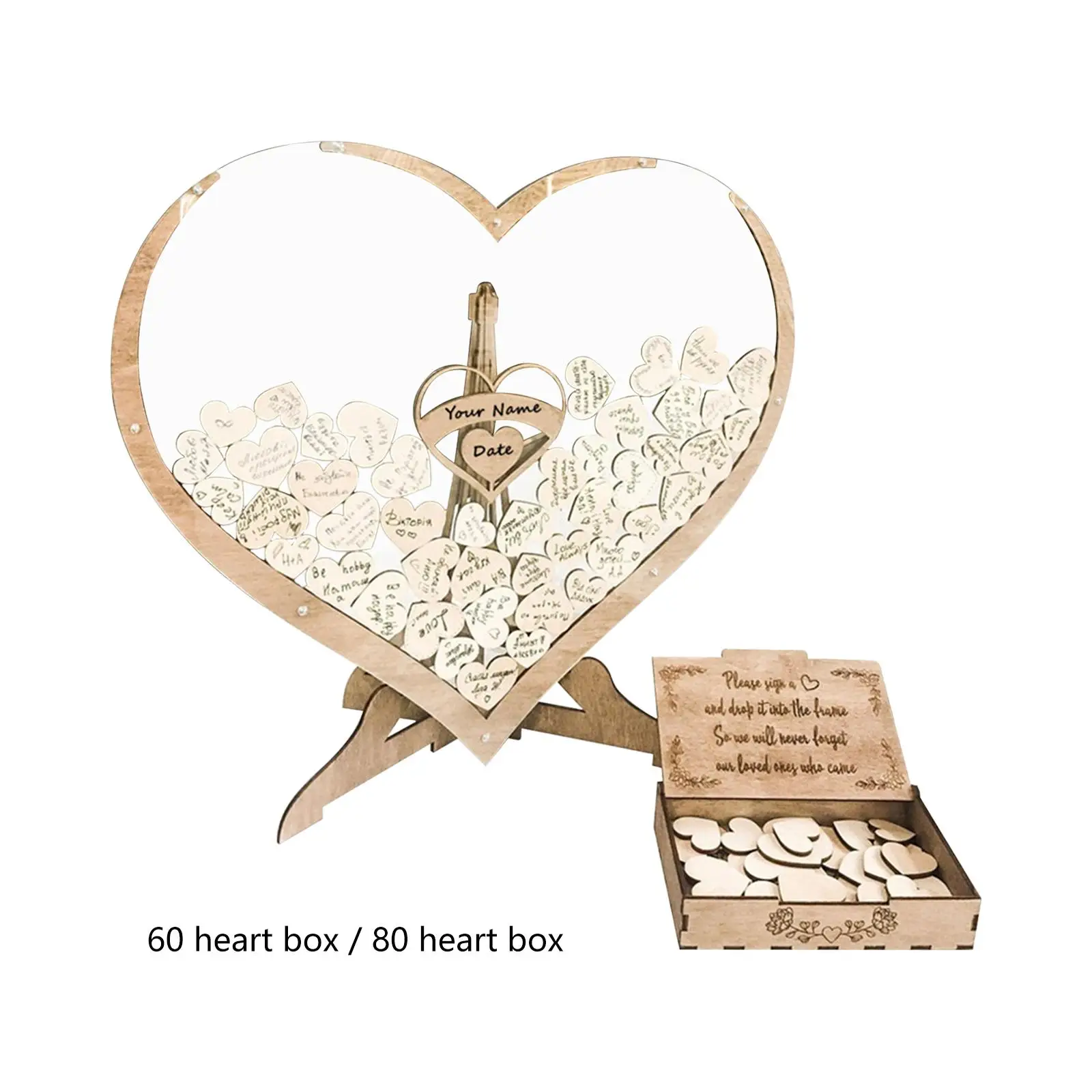 3D Wedding Guest Book Drop Frame with Wooden Sign Hearts for Party Decoration