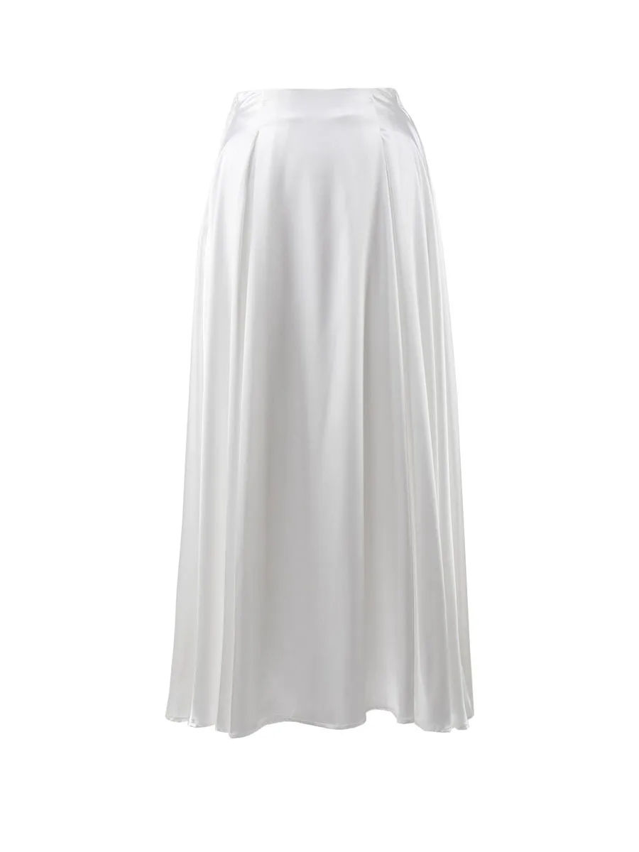 Elegant Women's Skirt Autumn Satin Silk Long Skirts for Women Fashion 2023 Lady Solid Color Khaki White High Waist Skirt Women