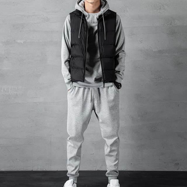 1 Set Men Hoodie Pants Ribbed Cuff Jogger Suit Autumn Winter Loose