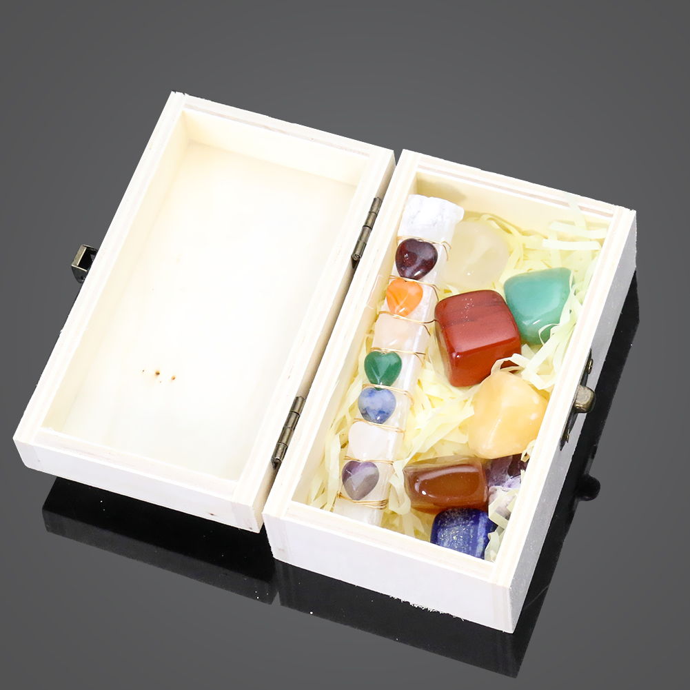 1 Set Holzbox Naturstein Kristall Edelstein Sieben Chakra Set Heilung Meditation Home Collection Handwerk Stein Dekoration Maison – Detail 3
