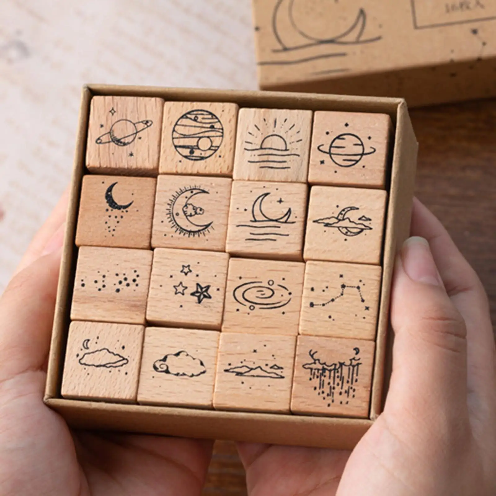 16x Wooden Rubber Stamp Set DIY Scrapbooking Moon Sun Rain Cloud Stars for Planner Diary Printing