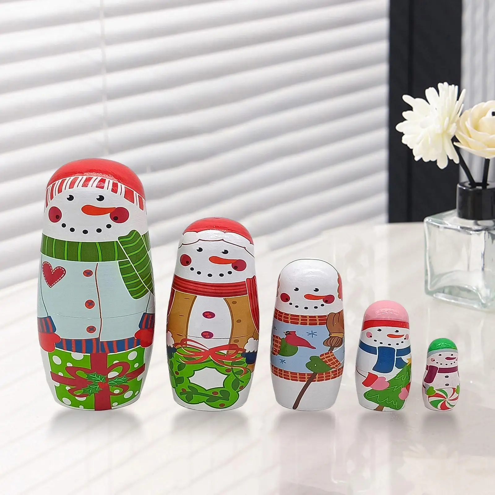 5Pcs Holiday Santa Snowman Nesting Doll Lovely for Birthday Christmas Office