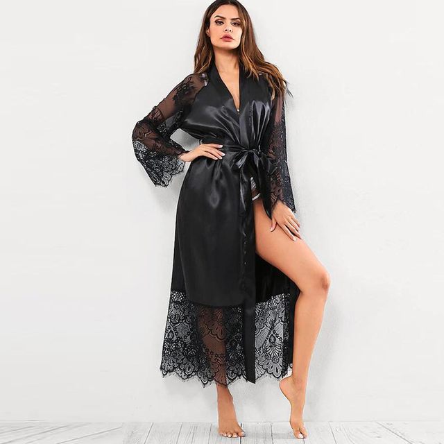 AMILIEe Women Robe Long Silk Bathrobe Soft Chic Print Sexy Temptation  Bathrobe Spring Clothing with Belt