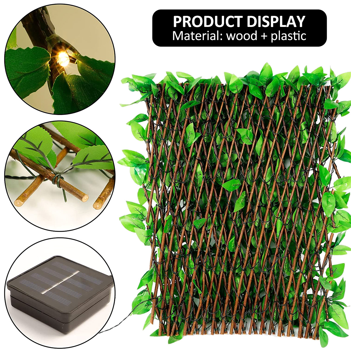 Expandable Fence Privacy Screen 30x180CM Artificial Fencing Panel with 8 Modes Solar Lights Faux Ivy Hedge Flower Fence Indoor