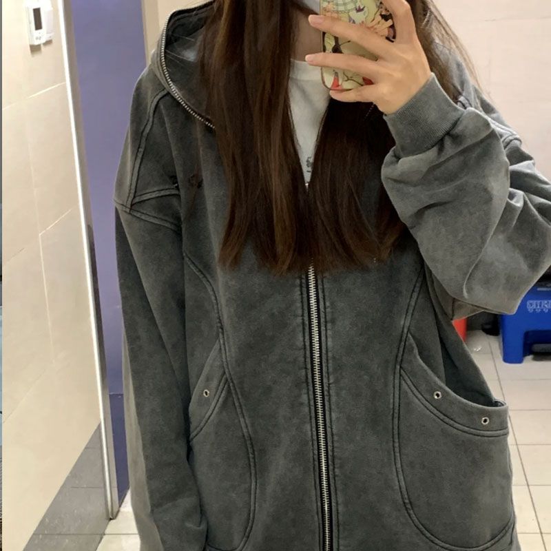 Description Picture 5 of itemHigh Street Y2k Jackets Hooded Pockets Zipper Solid Color Long Sleeve Coats Harajuku Vintage Autumn Casual Loose Women Clothing