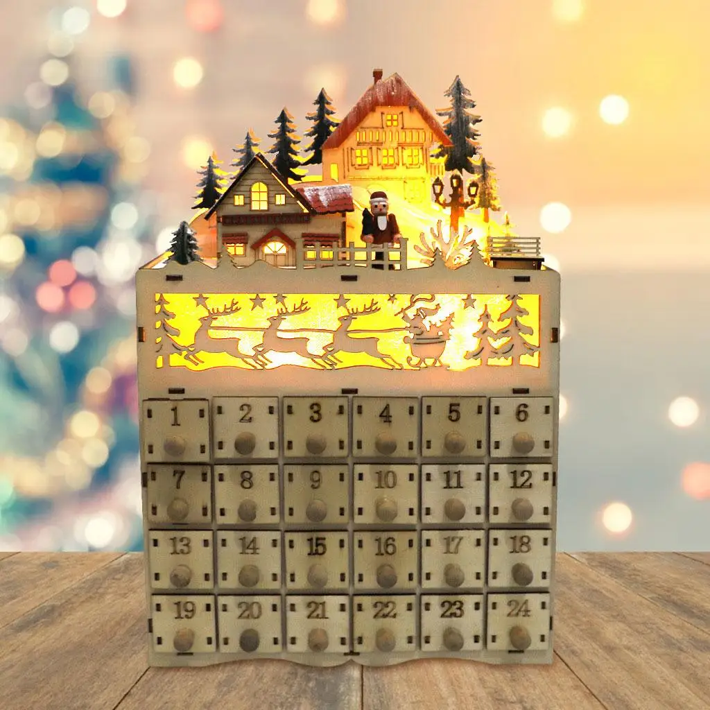 Wooden Advent Calendar LED Light Up Festive Christmas  Box