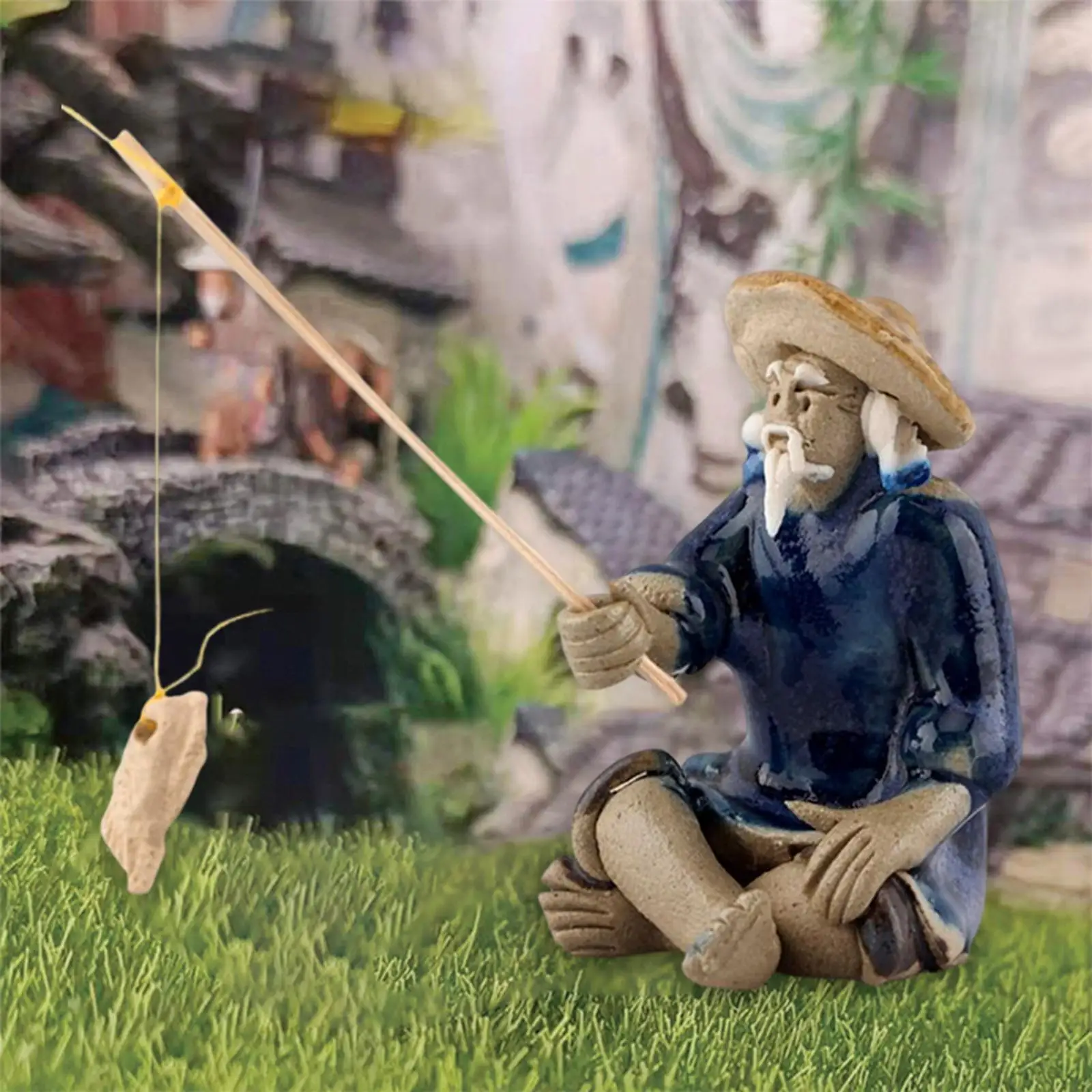 Miniature Fisherman Figurine Zen Ceramic Pottery Figure Statue for Micro Landscape Decoration Garden