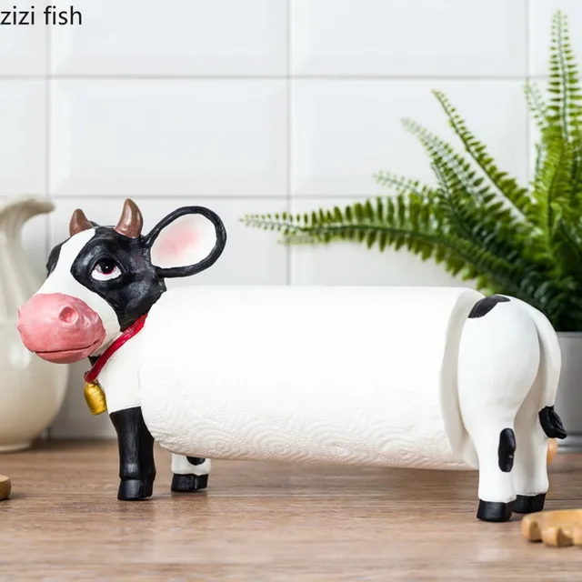 Wooden Paper Towel Holder Countertop Farmhouse Cow Design Paper Towel Roll  Holder Stand Base Rustic Animal Paper Towel Organizer for Kitchen Living