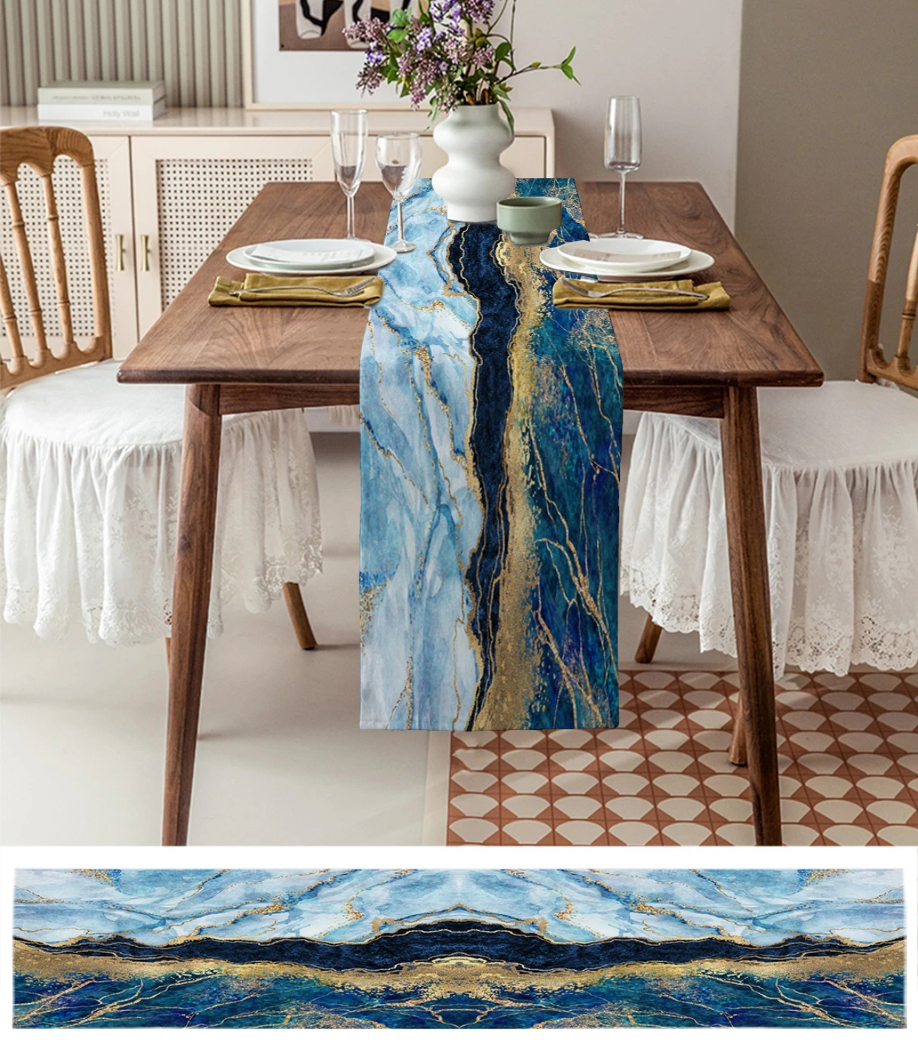 Description Picture 2 of itemAbstract Blue Marble Linen Table Runners Wedding Party Decoration Luxury Washable Table Runners for Dining Table Holiday Decor