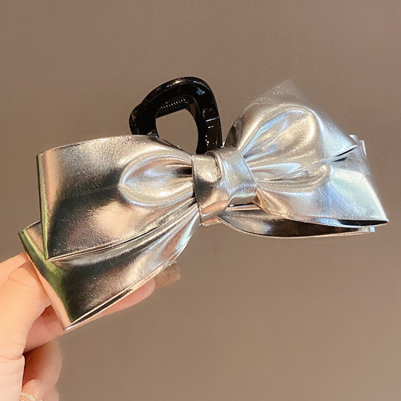 Koreanische Silber Leder Bogen Haar Krallen Clip frauen High-end-Gefühl Shark Grab Temperament Disc Karte Neue Zubehör – Detail 2