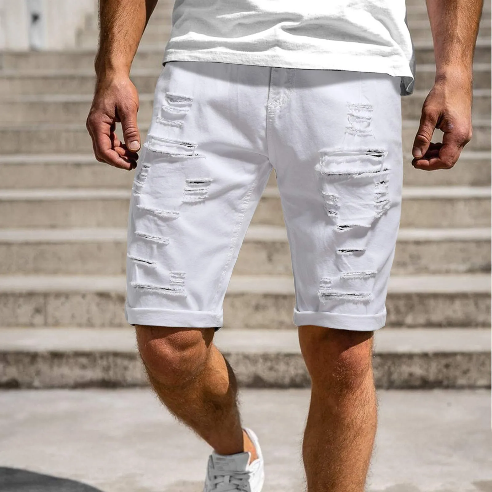 Модные мужские летние повседневные однотонные рваные джинсовые шорты с дырками, уличная одежда, узкие облегающие джинсовые брюки для бега # g3