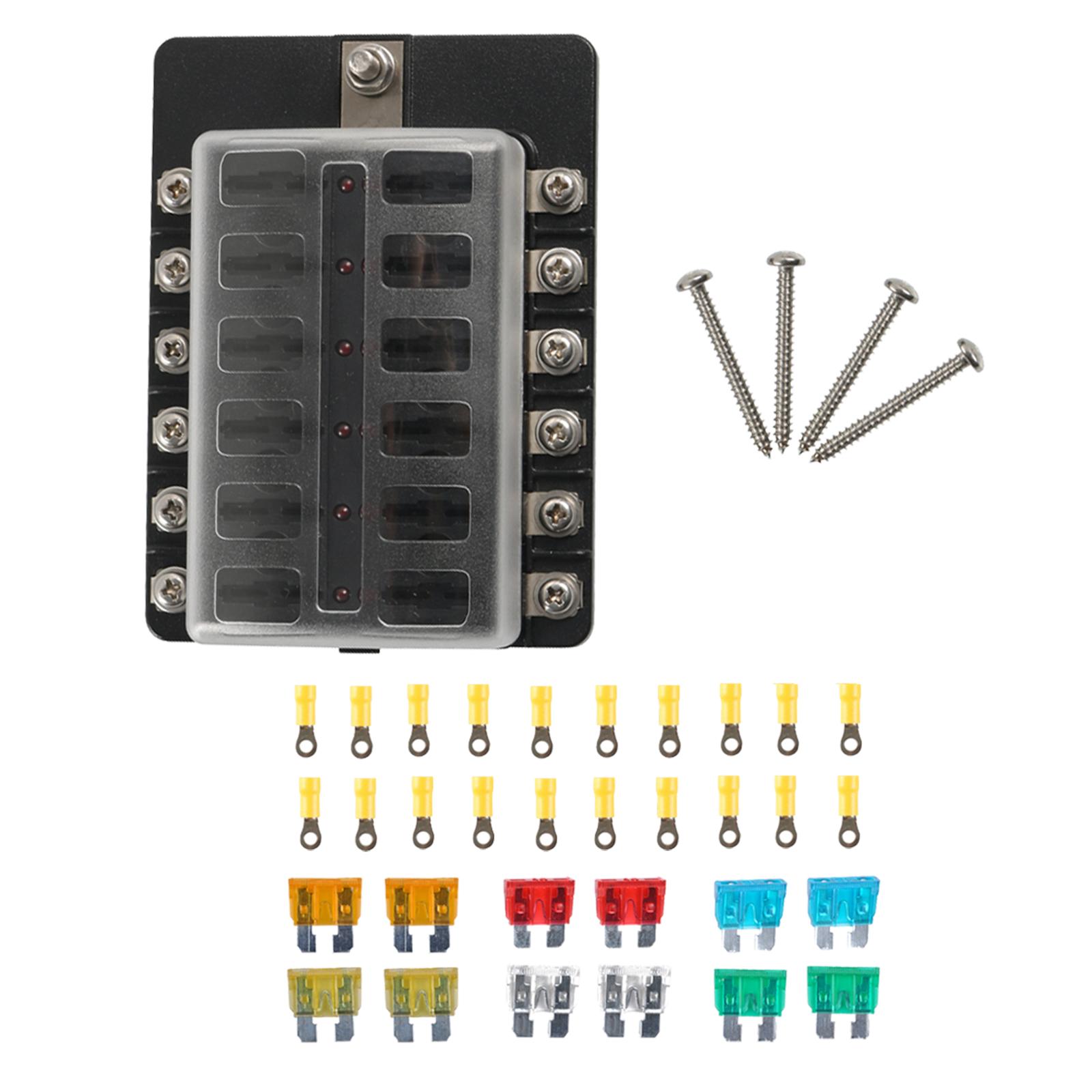 12 Way Fuse Block with LED Indicator Bolts Terminals 32V for Boat Truck