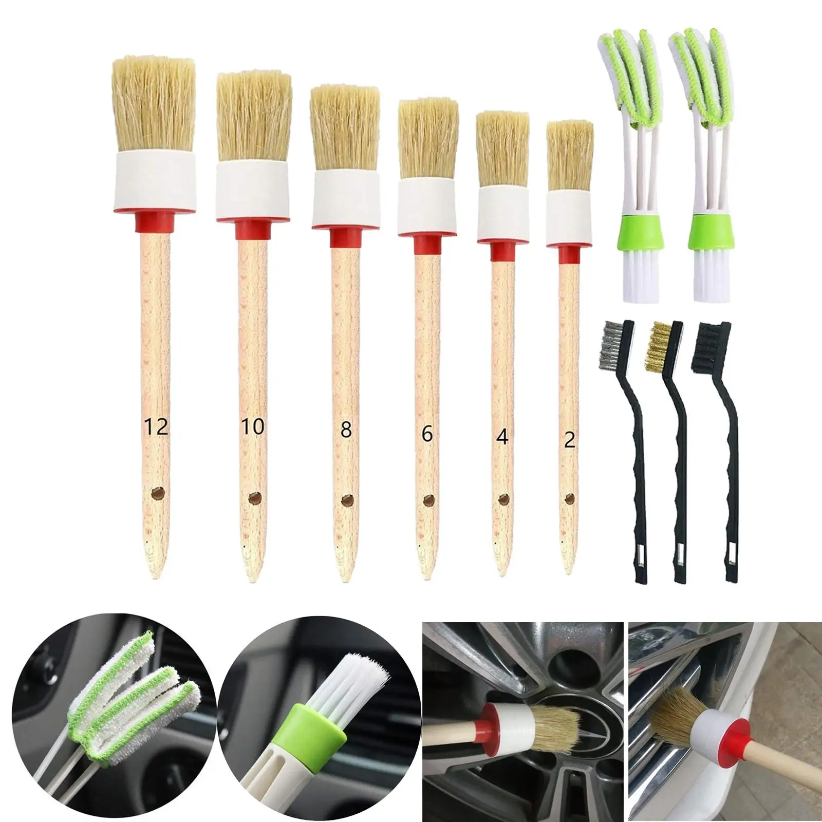 11 Car Wheel Brush Set, Boar  Detail Brushes Included, Long Brush, 3
