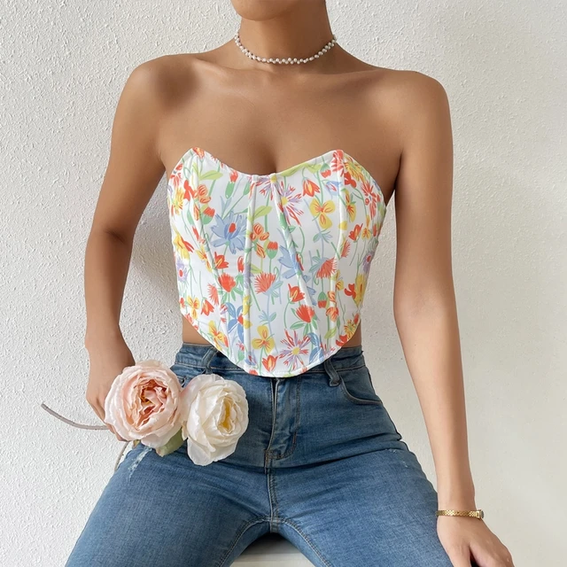 Women's Embroidered Floral Corset Crop Top Strapless Tube Top Boned Mesh  Bustier Clubwear : : Clothing, Shoes & Accessories