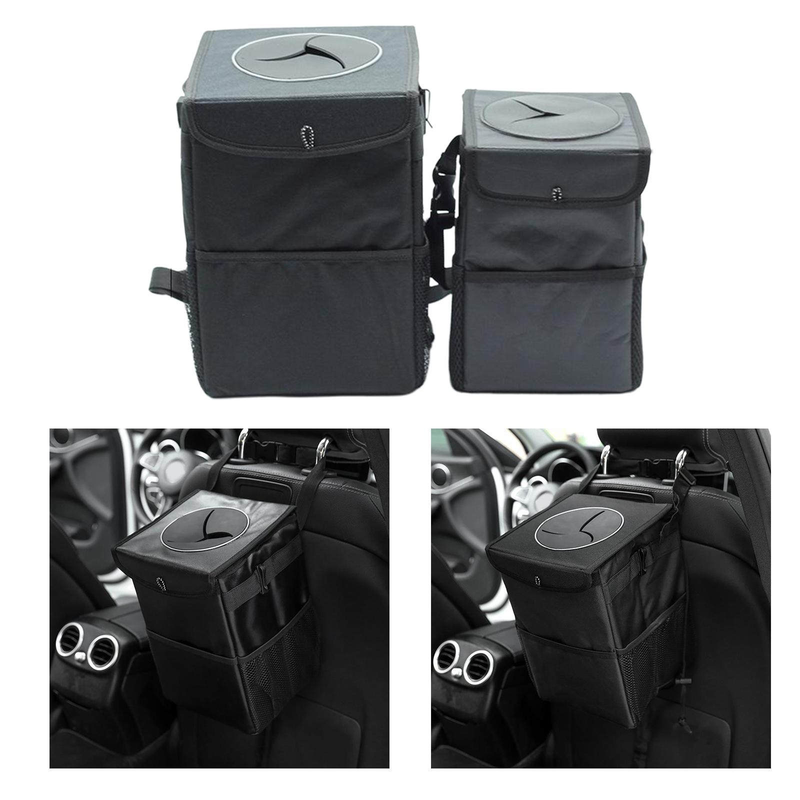 Car Trash Can with Lid and Storage Pockets ,   , Waterproof Car Garbage Can, Multipurpose Trash Bin  Black