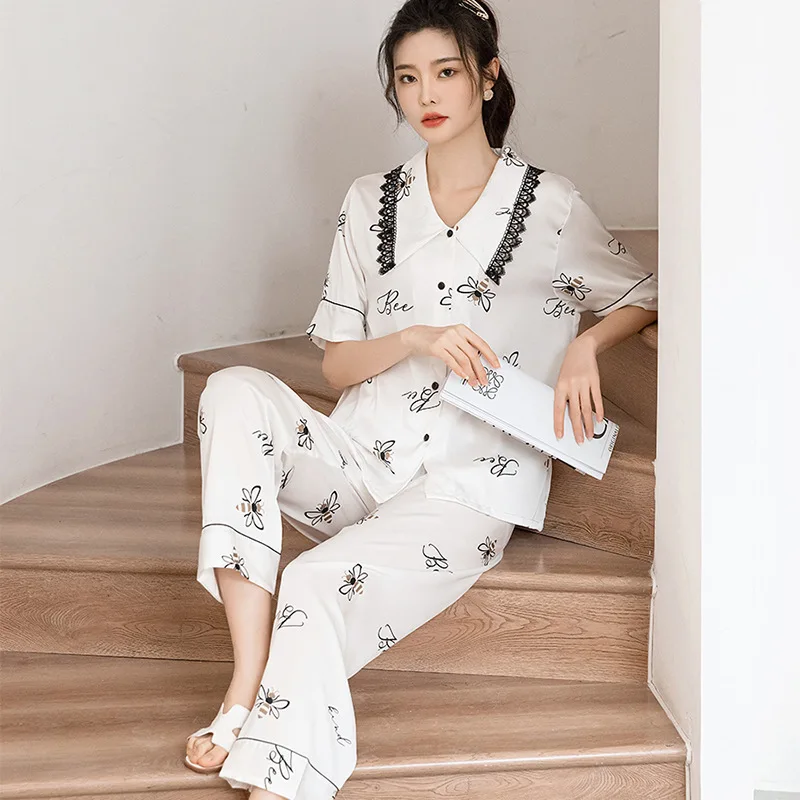 ladies pajama New ice silk pajamas women's high-end thin short-sleeved trousers silk lace pajamas for women cotton pjs