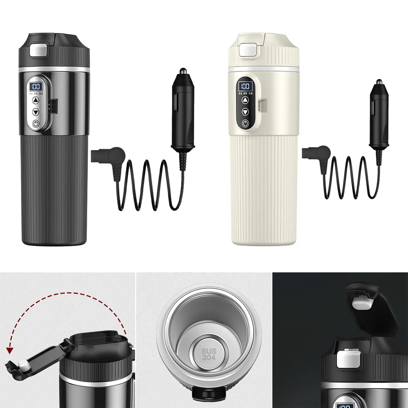 Car Heating Cup Cold Water 500ml Stainless Steel Electric Heat Water Cup for Tea Heating Water Beverage Brewing Coffee Work