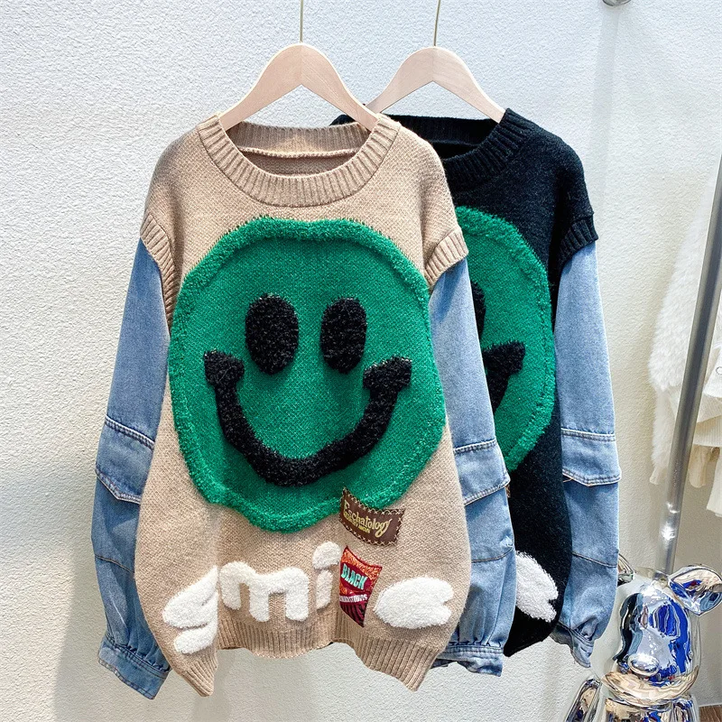Women's Denim Smiley Face Knitted Sweater - true deals club