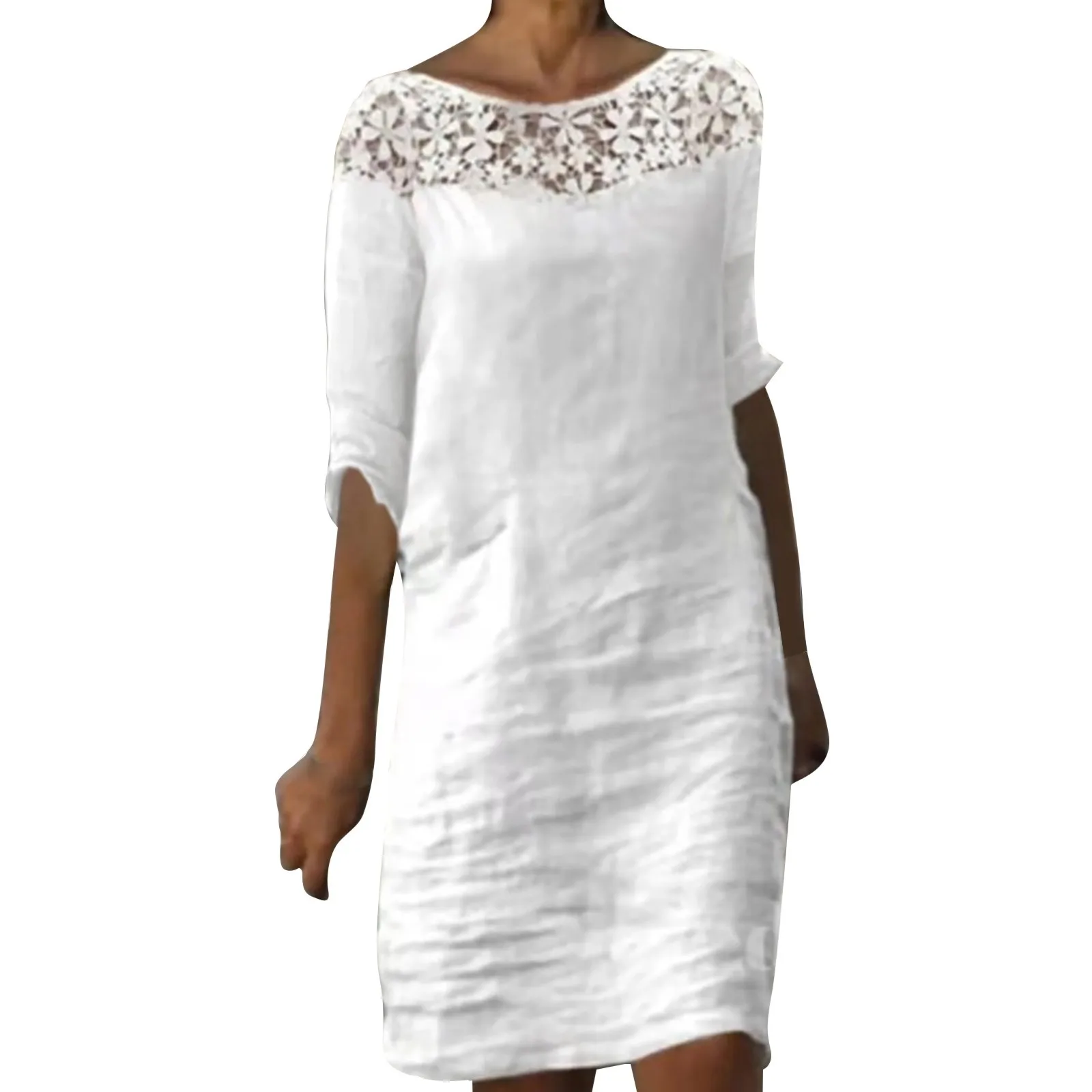 Women Sexy Dress White Hollow Lace Dress Short Sleeve Loose Midi Dresses 2023 Summer Casual Women's Casual Dress Vestidos Robe