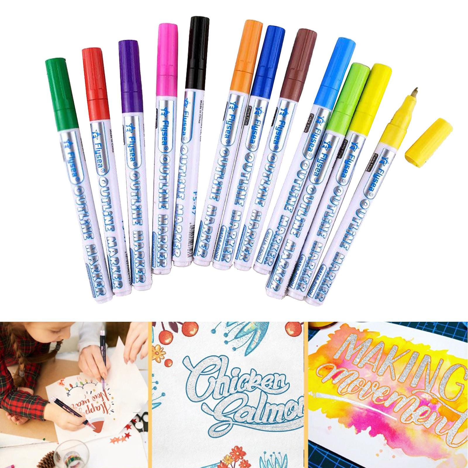 Outline Metallic Markers, Double Line Shimmer Paint Pens Set of 8/12 For Kids Adults Drawing Art Signature Coloring Journal DIY