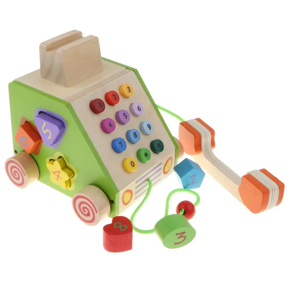 3 In 1 Wooden Pretend Play Pull Along Telephone Kids Learning Toy Gift