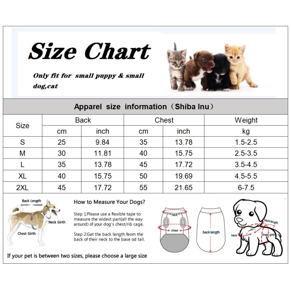 Una tabla de tallas para ropa para mascotas, específicamente para cachorros y perros pequeños. La tabla proporciona medidas en centímetros y pulgadas para el largo de la espalda, el ancho del pecho y el peso. Incluye tallas que van desde la S a la 2XL, con las medidas correspondientes para cada talla.