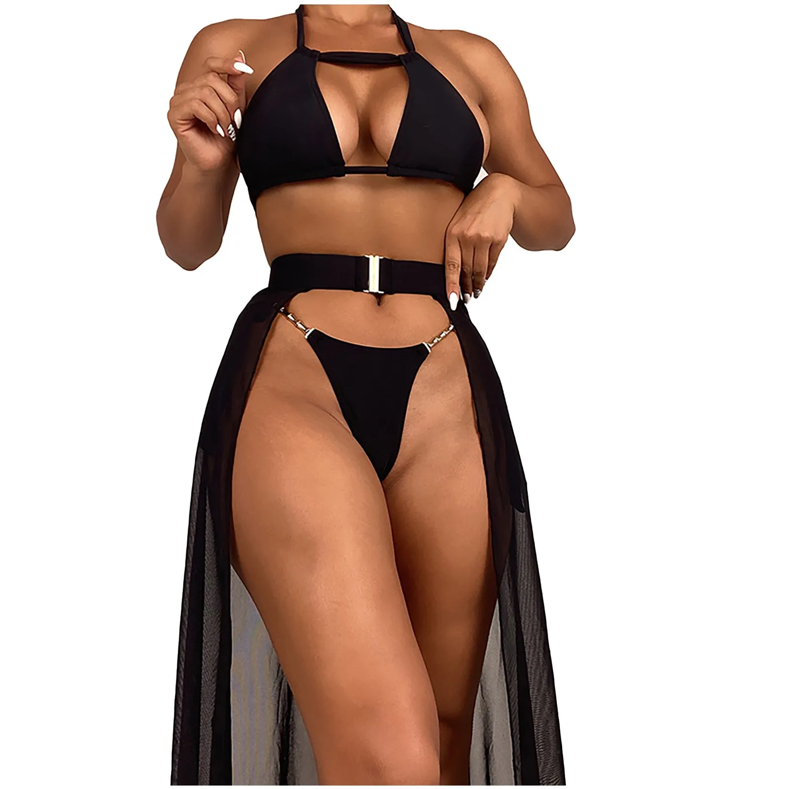 bathing suit sets 3 Pieces Black Bikinis Set Women High Waist Beachwear Cover Up Dress Swimsuit Black Chiffon Swimwear 2022 Sexy Biquini Купальник swimsuit