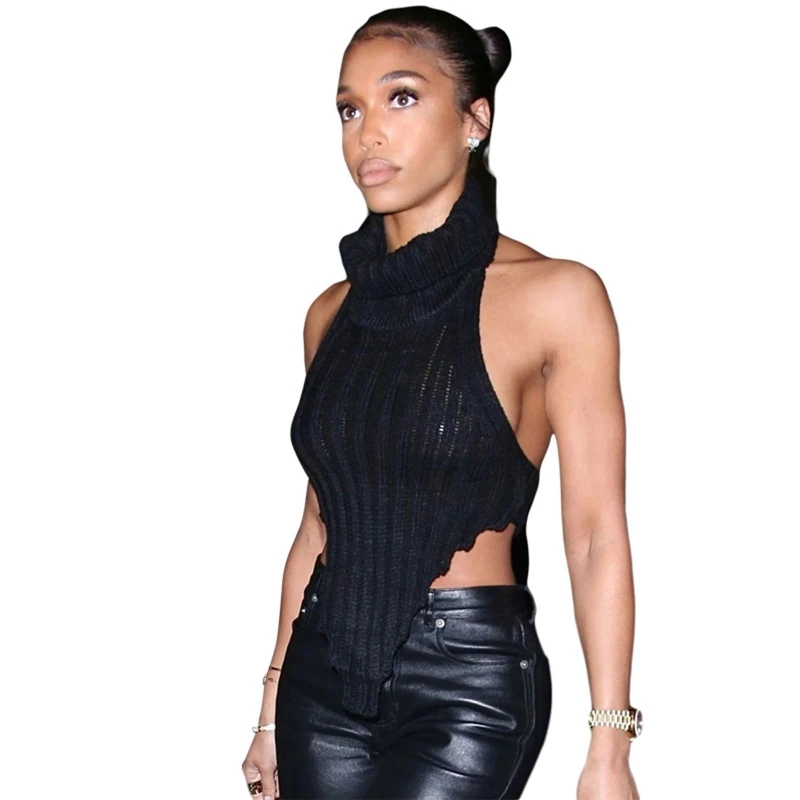 066C Women Sexy Sleeveless Turtleneck Sweater Vest Ribbed Knitted Off Shoulder Backless Crop Top Solid Color Bodycon Irregular jockey camisole