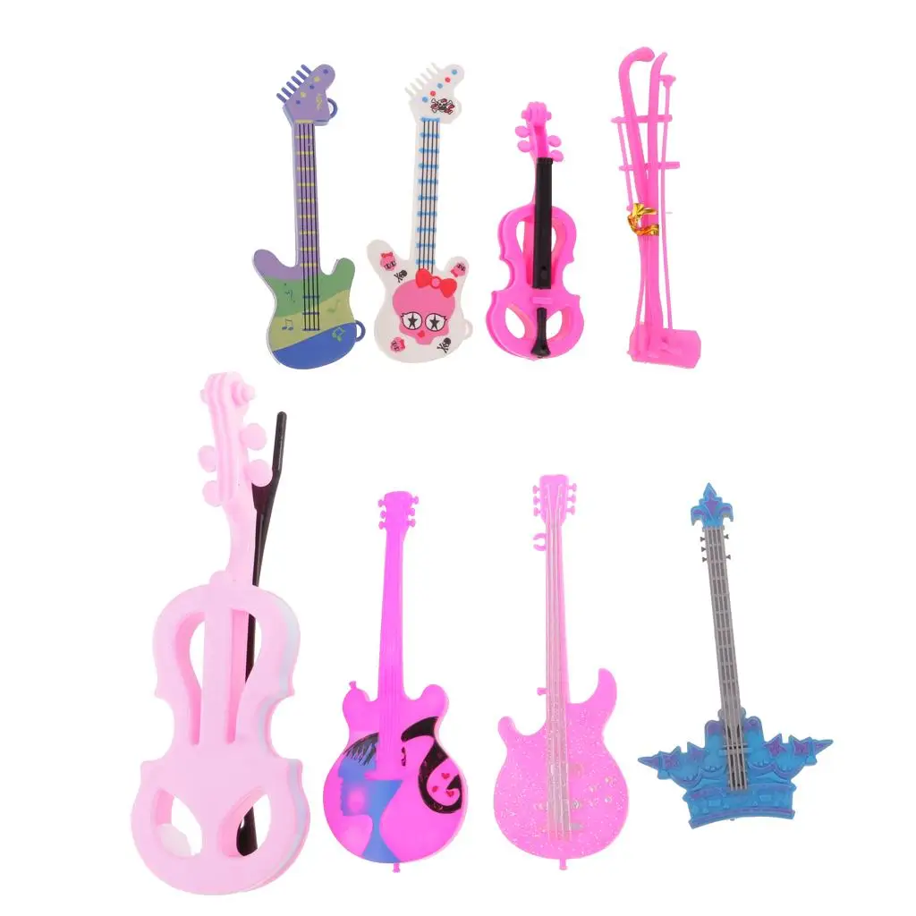 8pcs Guitar Violin Bass Musical Instrument for   Dolls ROCKER 1/6 Music House Bar Accs
