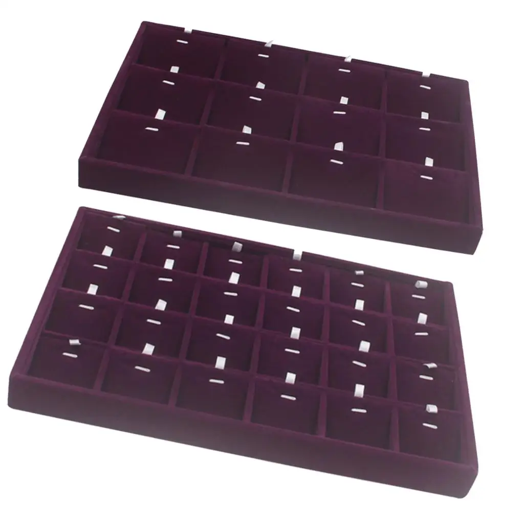 Multifunctional 12/24 Compartment Display Jewelry Showcase Tray Purple Velvet Removable Insert Pillow Card