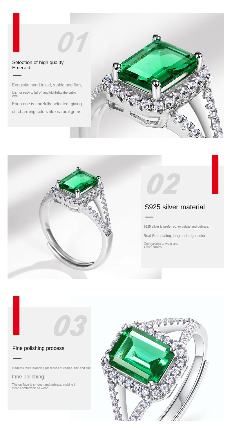 Classic fashion temperament 1.25ct emerald ring in S925 silver setting, elegant gemstone jewelry6