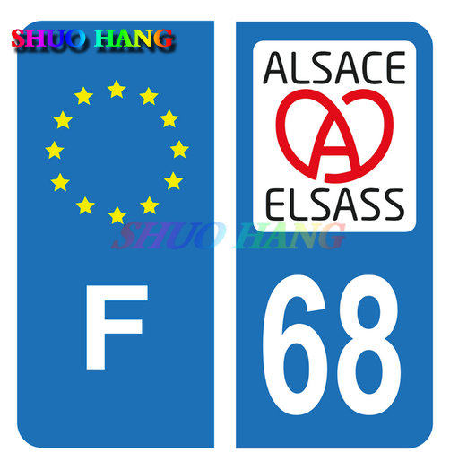 Lot De 4 Autocollants Plaque Immatriculation Département 68 (Haut-Rhin) Avec Logo Alsace - Dimensions Officielles 45x100 Mm, Fabrication Française - 2