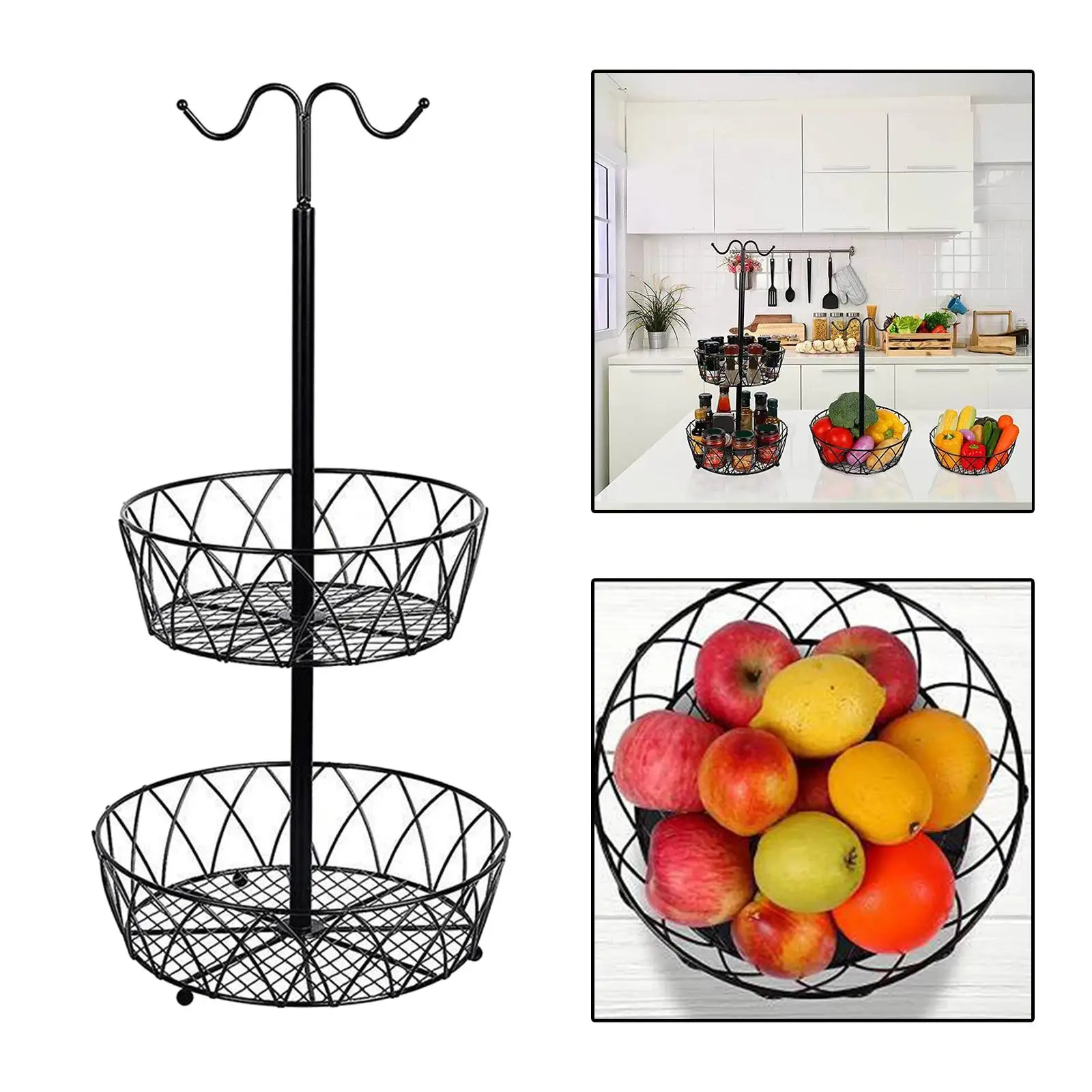Metal Fruit Basket with Banana Hanger 2 Tier Detachable Display Stand Rack Fruit Bowl for Countertop Home Kitchen
