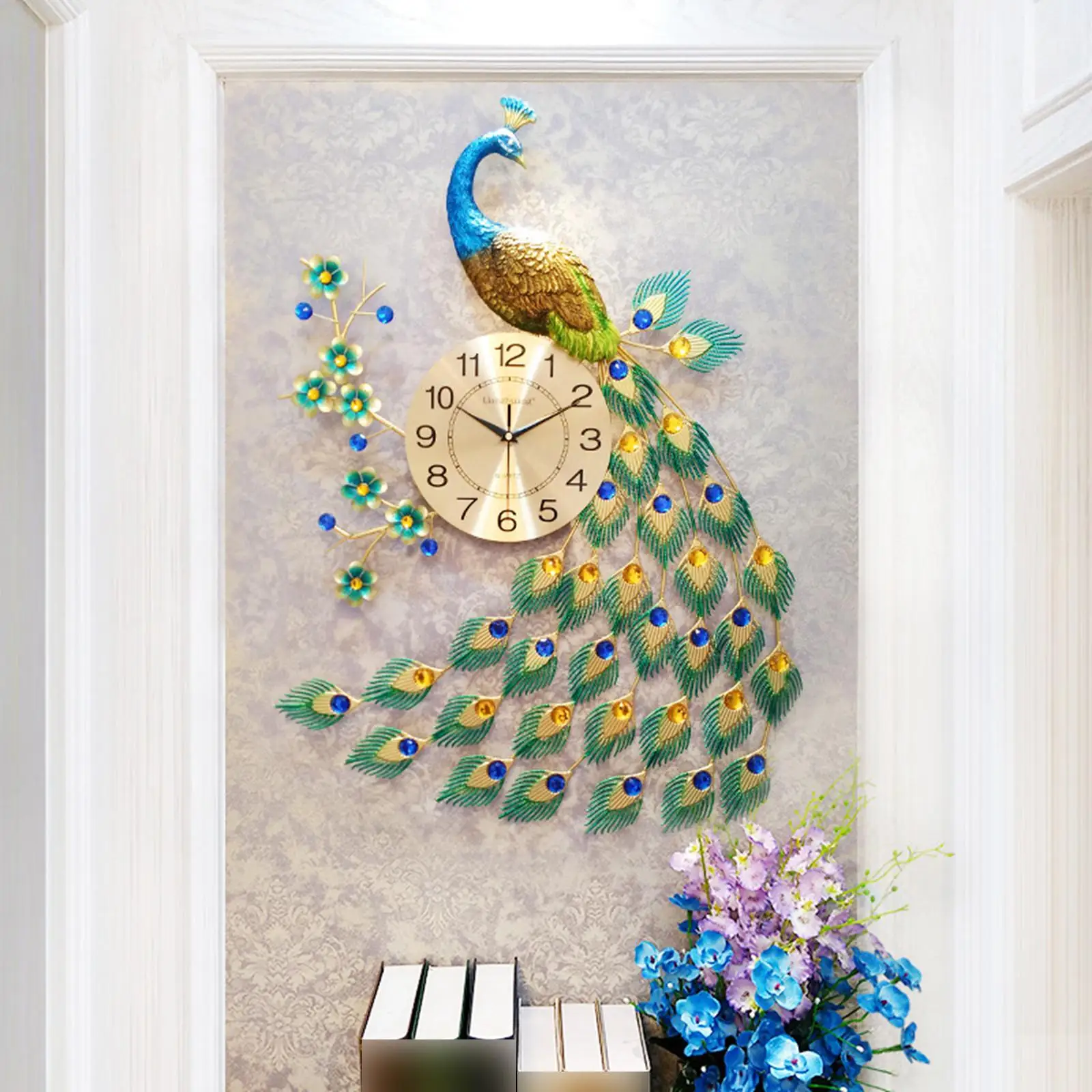 Modern Peacock Wall Clock Silent Non Ticking for Restaurant Dining Room Cafe