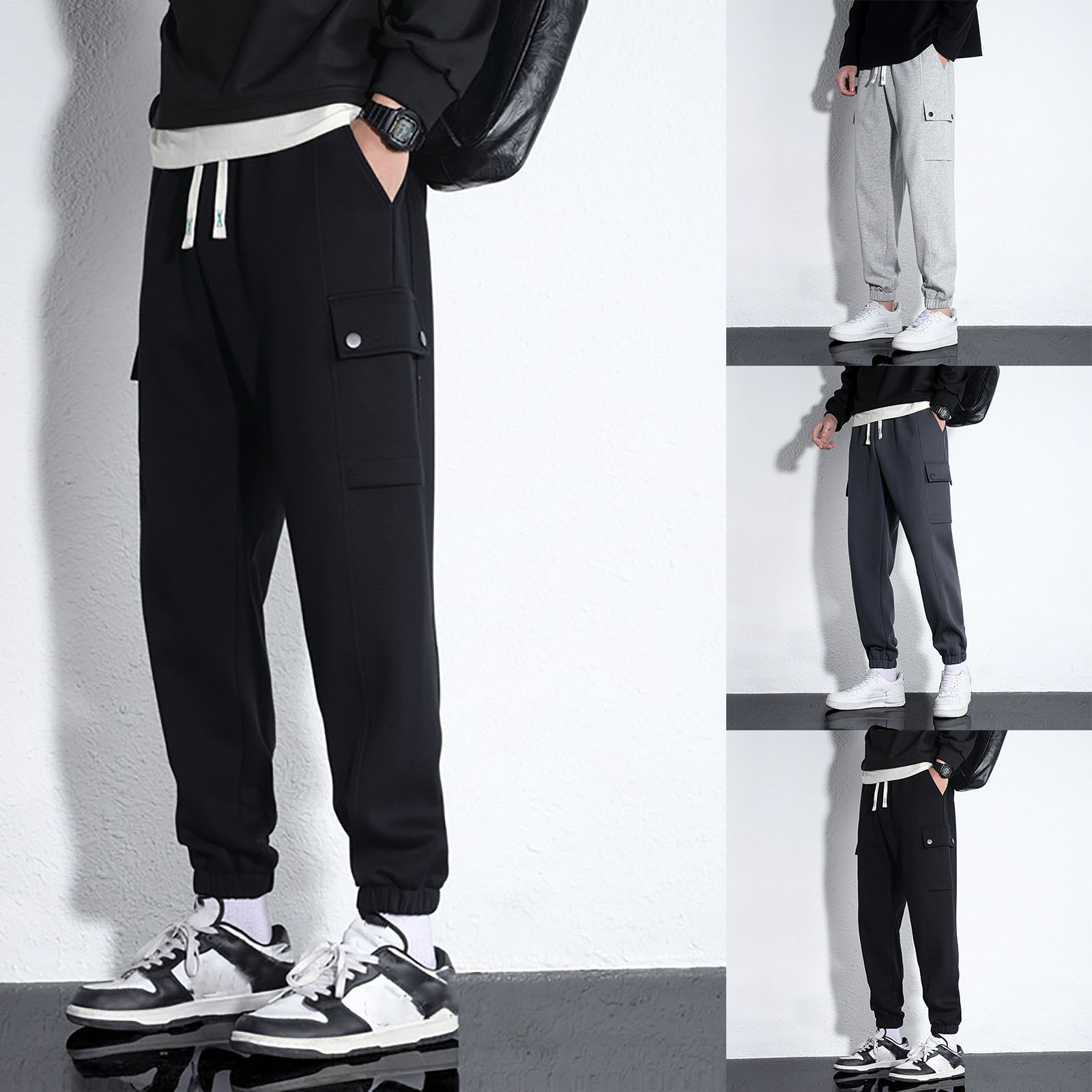 Description Picture 2 of itemMen'S Sweatpants Lace Up Soild Running Sport Slacks Thin Streetwear Male Casual Pants Pocket Slimming Cargo Trousers Ropa Hombre