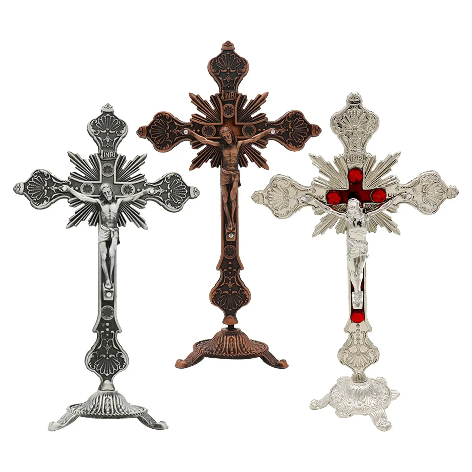 Standing Crucifix 10 Inches Small Metal Table Cross for Altar Table Chapel