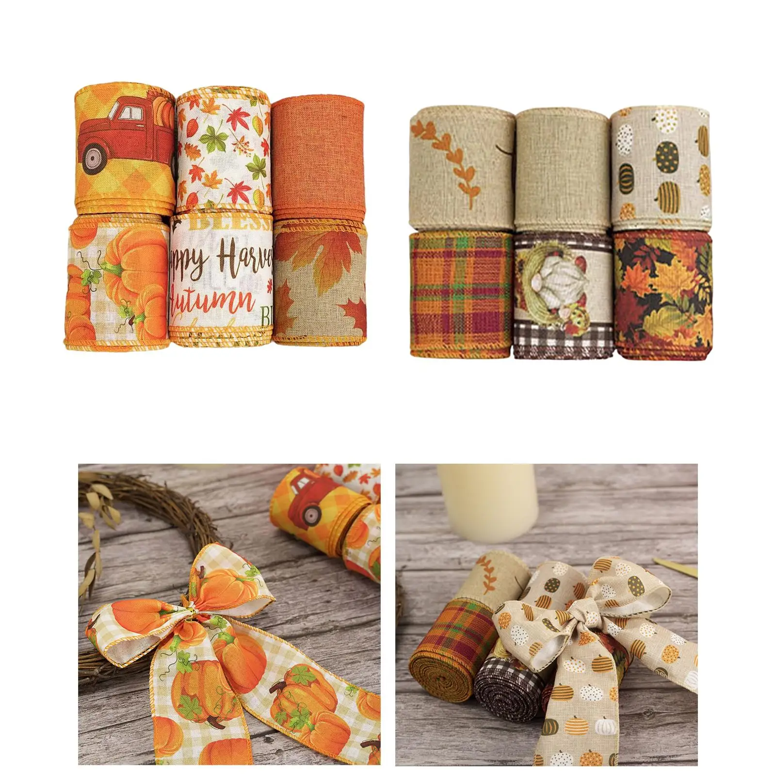 6Pcs 6Yards Fall Wired Ribbons Rustic Decorative Reusable Thanksgiving Wrapping Ribbon for Autumn Wreath DIY Craft Fall Custom