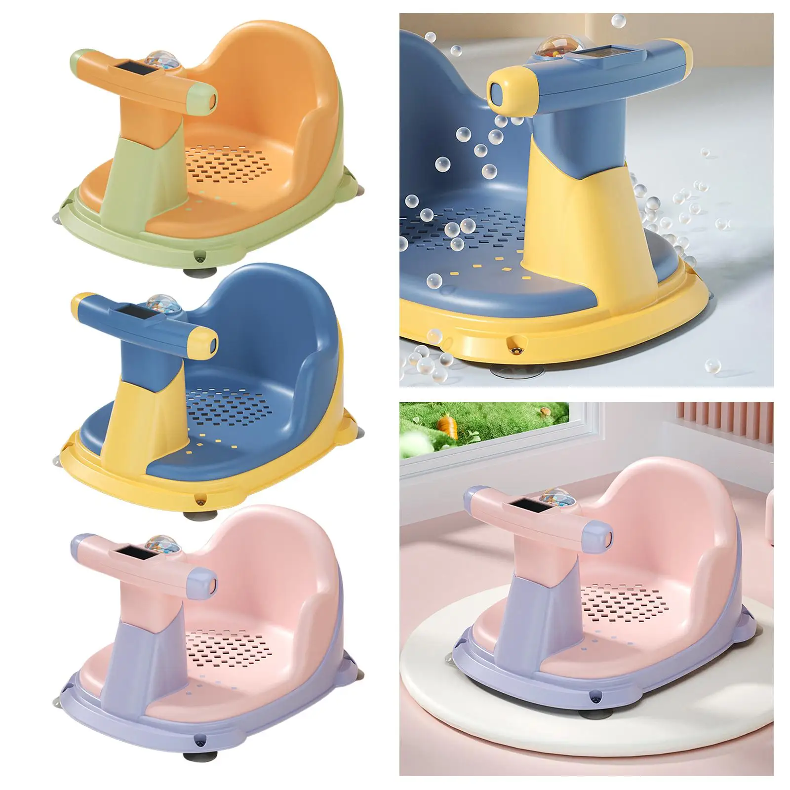 Bath Seat with Water Thermometer Tub Sitting up Anti Slip Chair with Suction Cup for Newborn Kids Shower Girls Boys Toddlers