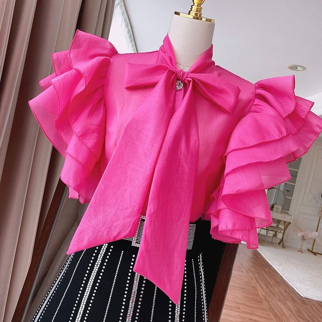 OCEANLOVE Shirts&blouses Stand Collar Solid Ruffles Lace Up