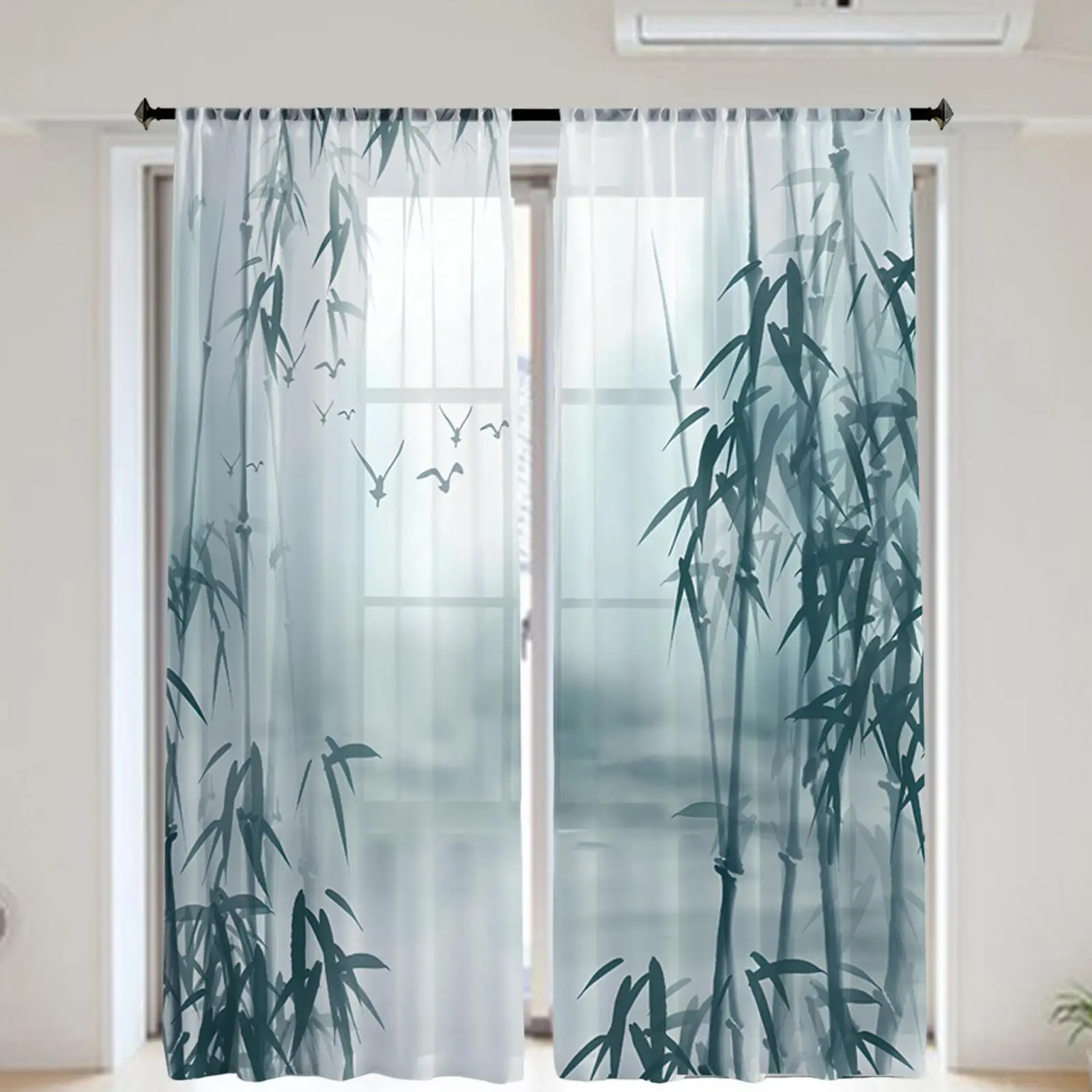 Bamboo Print Sheer Curtains Drapes Polyester Fiber Convenient Assemble Accessories Versatile Privacy Drapes for Living Room