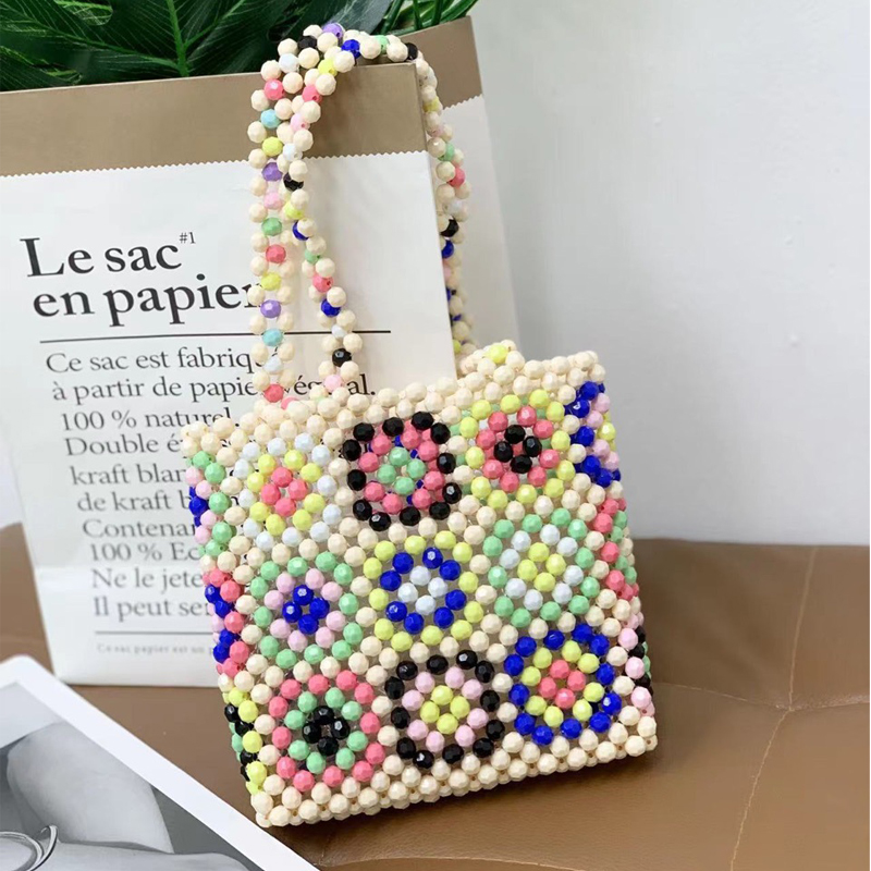 novo verão colorido grânulo geléia bolsa artesanal checkered tecer bolsas grande artesanal pérola acrílico saco designer totes