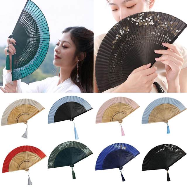 AQITTI Chinese Style Dance Handheld Floral Folding Fans Hand Held Fans Silk Bamboo Fans Tassel Women Hollowed Hand Foldable Fan Fabric Sleeve Dancing