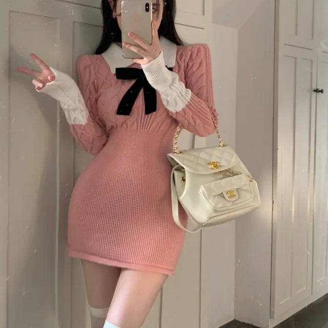 Vestido de punto de una pieza para mujer, ropa Kawaii elegante Y2k, Color  puro, moda coreana, Otoño, 2023 - AliExpress