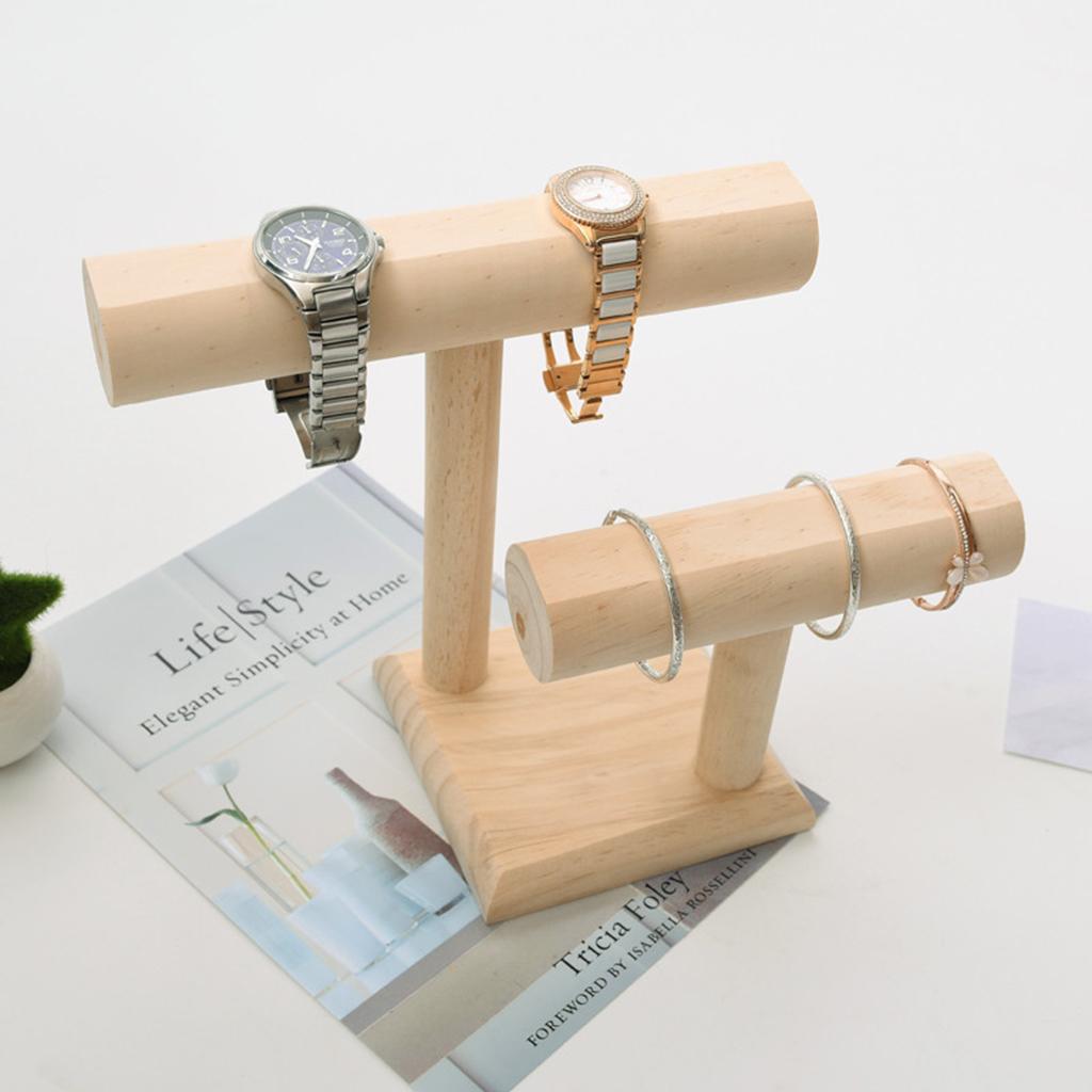 Natural Wood Jewelry Organizer Display  2 Tier, Necklace Bracelet and Watch Holder Display Stand, Wooden  Table Top Jewelry 