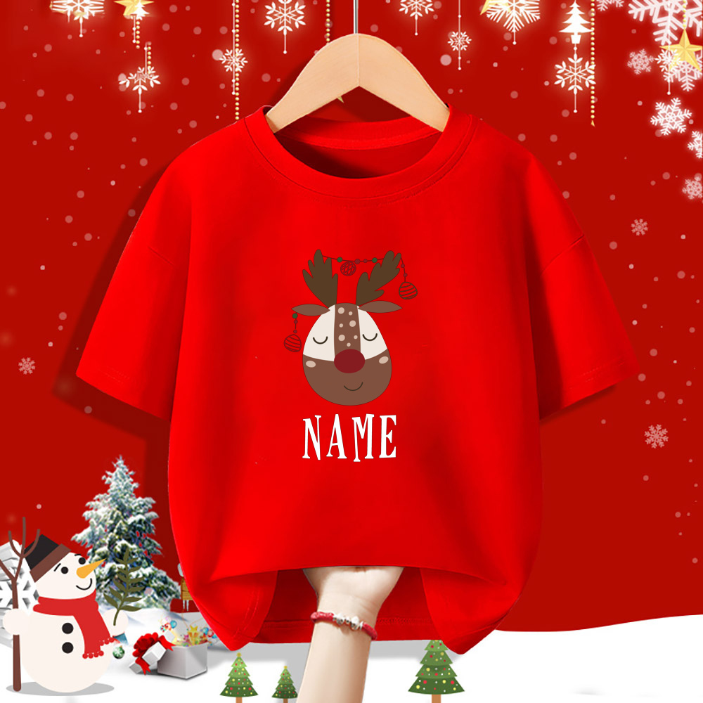 Personalisiertes Kind Weihnachten Rotes Hemd Hirsch Name Kind Kurzarm Kleidung T-Shirt Geschwister Passendes Weihnachtsoutfit Kinder T-Shirts – Detail 14
