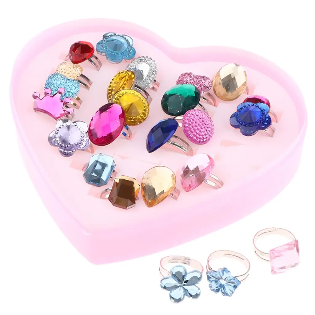 24pcs Colorful Assorted Rhinestone Rings with Heart Shape Display Case for
