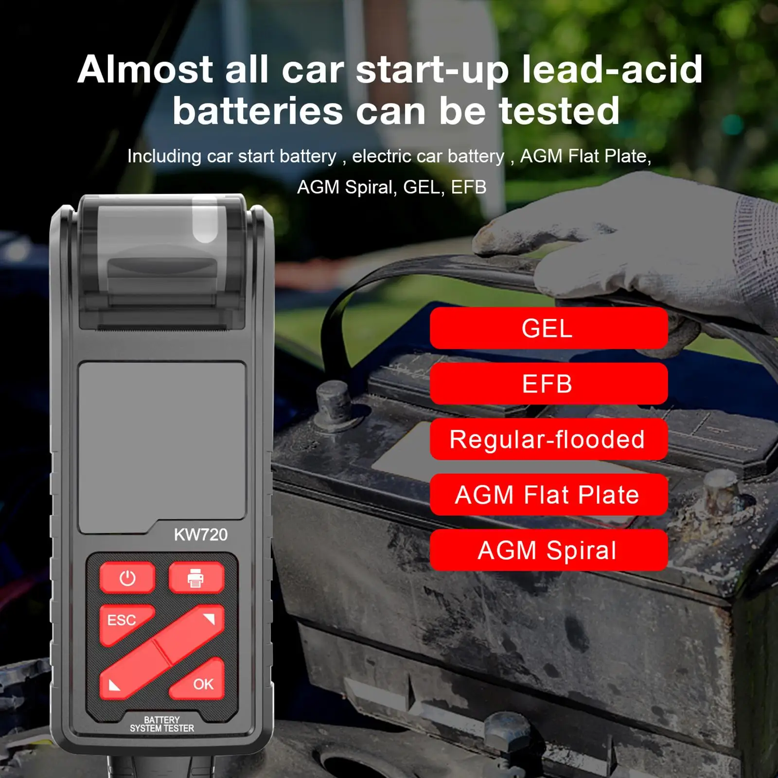 KW720 Car Battery Tester with Print Function 6V 12V 24V Battery Load Tester 100-2000CCA Battery Analyzer for Cars ATV SUV
