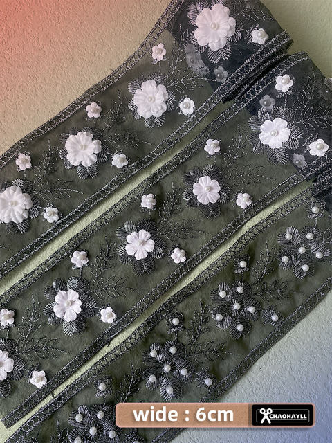 Embroidered Lace Trim Floral Black Silver